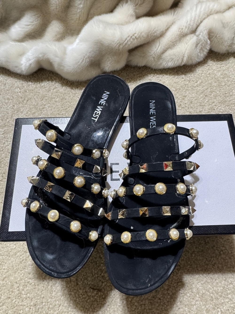 Nine West Black Slide Sandals with Pearl & Gold Studs